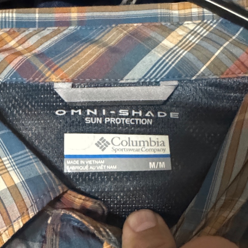 Used in great shape Columbia Men's Plaid Button Down Shirt - Blue, Orange, Tan